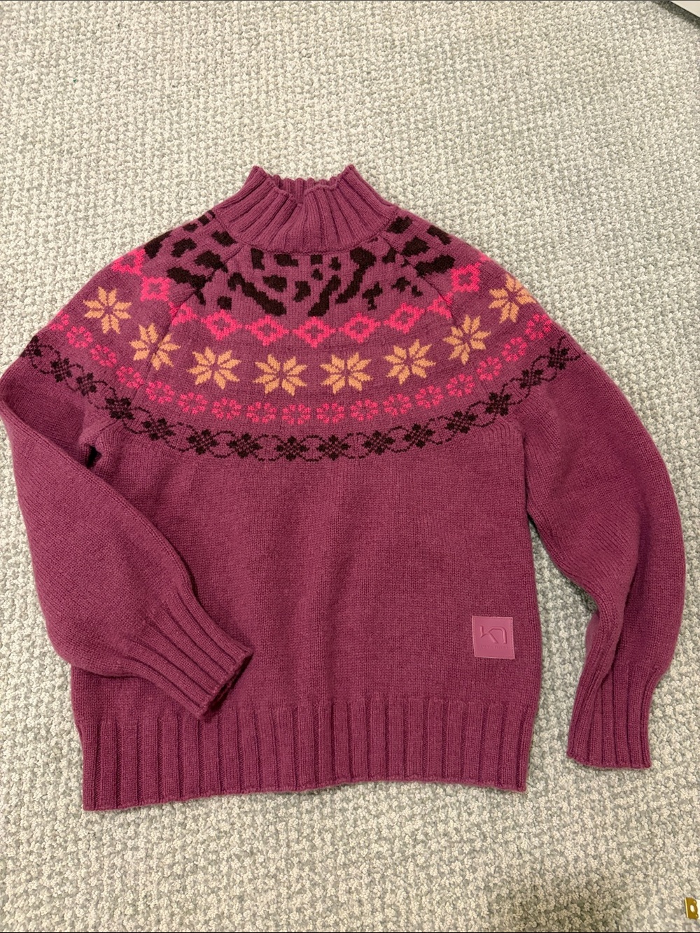 Kari Traa Fair Isle Mock Neck Sweater Sz M Mauve Purple Leopard Snowflake